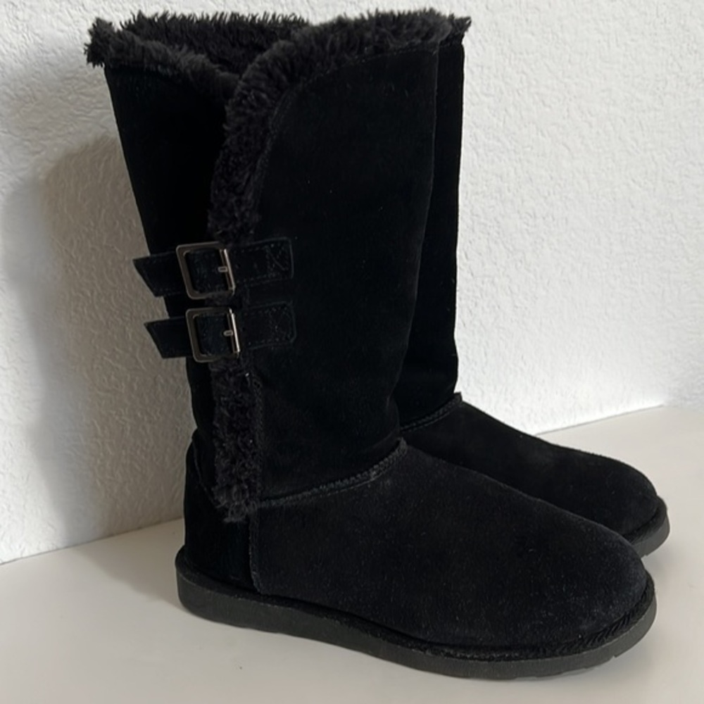 Canyon River Blues Coco Black Leather Tall Double Buckle Boots Faux Fur Lined  7